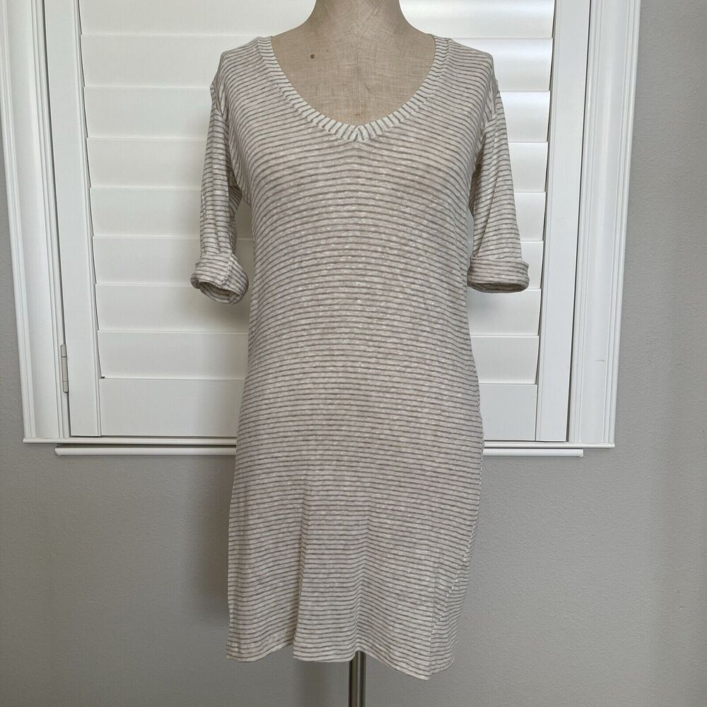 Humanoid Linen like bodycon dress short sleeve rolled cuffs size S (measurments)